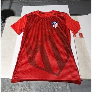 New Atletico Madrid FC BOYS MEN Club Crest Logo Red Striped Tee Shirt LARGE